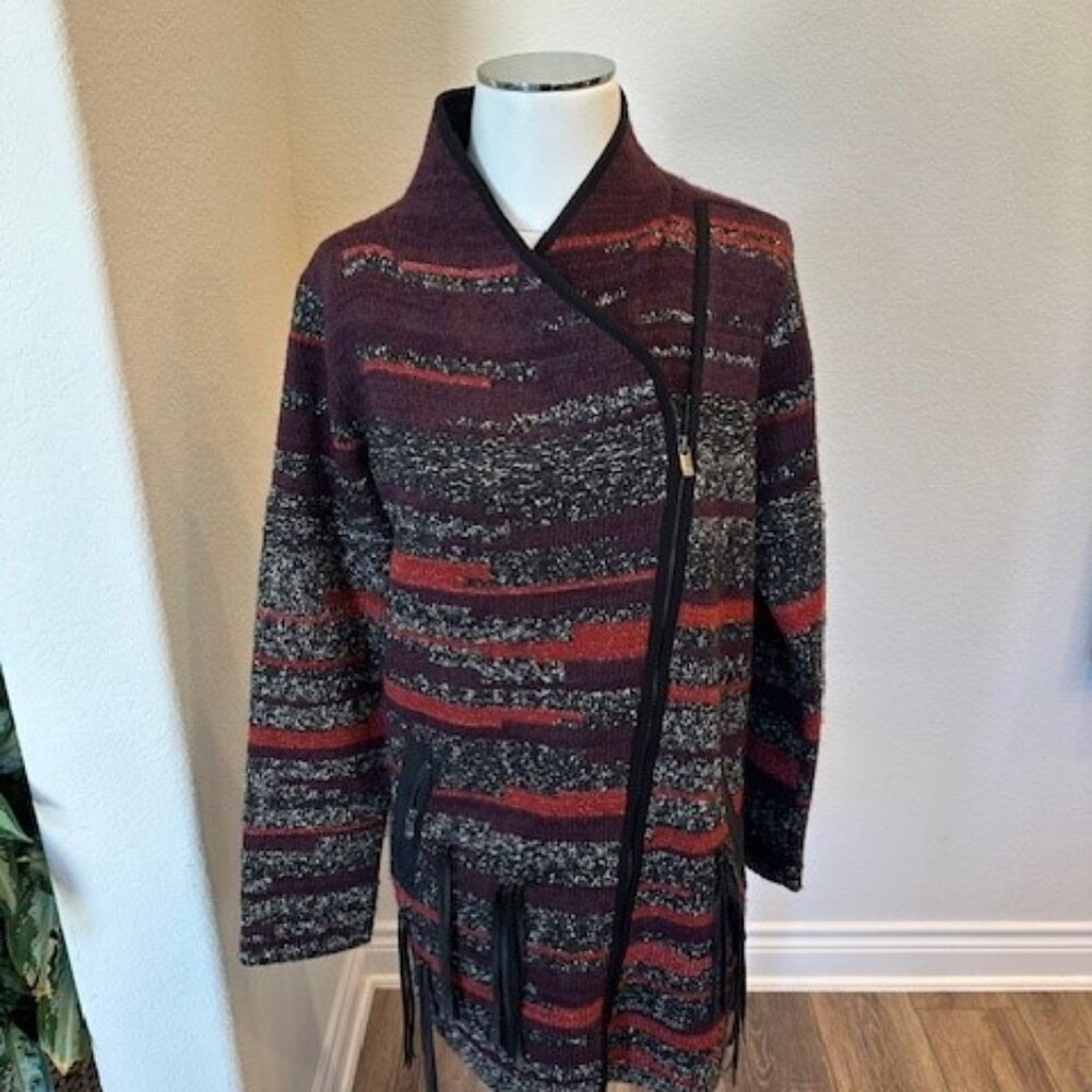 Womens Nic & Zoe Heavy Maroon Sweater Jacket w/Fringe Detailing Size L